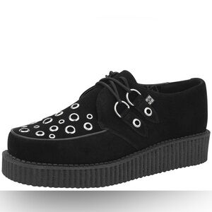 T.U.K BLACK SUEDE RINGS ROUND LOW CREEPER PLATFORM LOAFER DARK ACADEMIA UNISEX